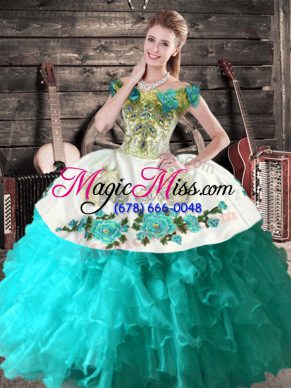 Affordable Aqua Blue Off The Shoulder Lace Up Embroidery Vestidos de Quinceanera Sleeveless