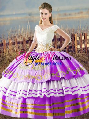 Floor Length Lace Up Quinceanera Gowns Lilac for Sweet 16 and Quinceanera with Embroidery and Ruffled Layers