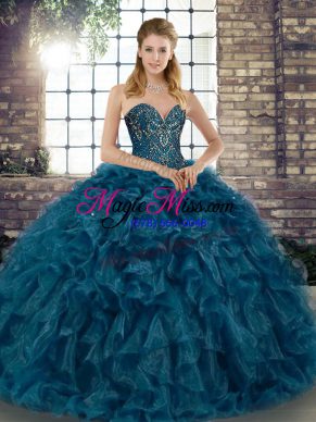 Teal Ball Gowns Sweetheart Sleeveless Organza Floor Length Lace Up Beading and Ruffles 15 Quinceanera Dress