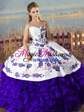 Top Selling Purple Ball Gowns Satin and Organza Sweetheart Sleeveless Embroidery Floor Length Lace Up Quinceanera Gowns