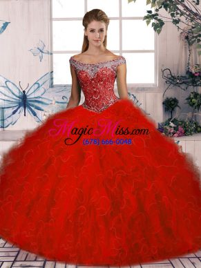 Red Sleeveless Brush Train Beading and Ruffles Vestidos de Quinceanera