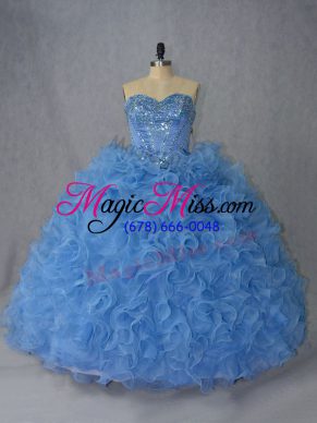 Shining Blue Sweetheart Lace Up Beading and Ruffles Sweet 16 Dress Brush Train Sleeveless