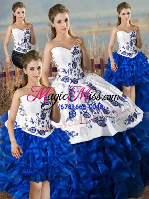 Satin and Organza Sweetheart Sleeveless Lace Up Embroidery and Ruffles Ball Gown Prom Dress in Blue And White