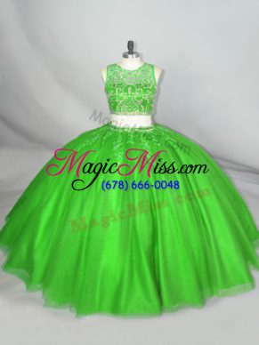 Green Lace Up Scoop Beading and Appliques Quinceanera Dress Tulle Sleeveless