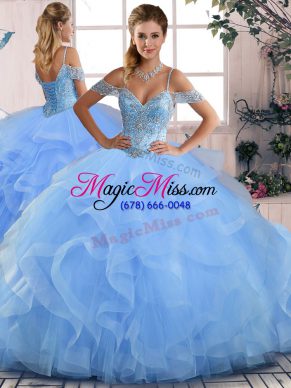 Sexy Blue Tulle Lace Up Off The Shoulder Sleeveless Floor Length Vestidos de Quinceanera Beading and Ruffles