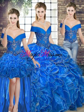 Flirting Floor Length Three Pieces Sleeveless Royal Blue Ball Gown Prom Dress Lace Up