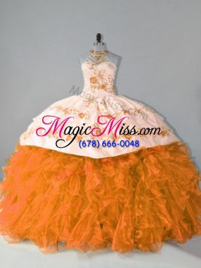 Orange Lace Up 15 Quinceanera Dress Embroidery and Ruffles Sleeveless Floor Length Court Train