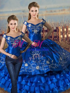 Royal Blue Lace Up Off The Shoulder Embroidery and Ruffled Layers Vestidos de Quinceanera Satin and Organza Sleeveless