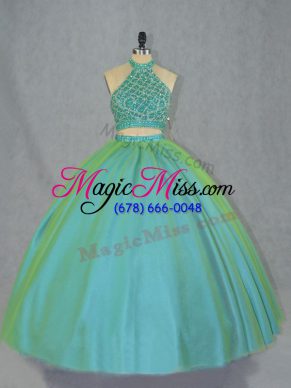 Green Two Pieces Halter Top Sleeveless Tulle Lace Up Beading Quinceanera Dresses
