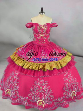 Romantic Hot Pink Off The Shoulder Lace Up Embroidery Vestidos de Quinceanera Sleeveless