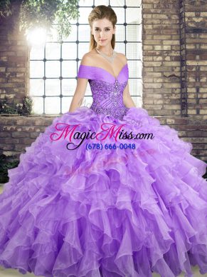 Lavender Ball Gowns Beading and Ruffles Quinceanera Dresses Lace Up Organza Sleeveless