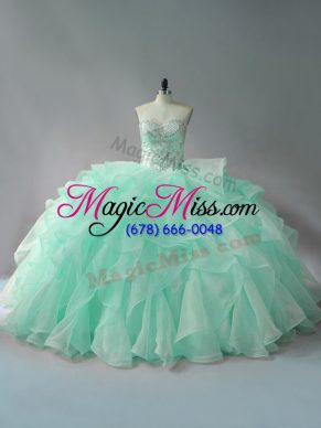 Apple Green Organza Lace Up Sweetheart Sleeveless Sweet 16 Dresses Court Train Beading and Ruffles