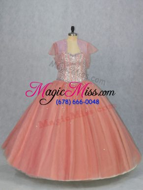 Floor Length Lace Up Quinceanera Gown Watermelon Red for Sweet 16 and Quinceanera with Beading