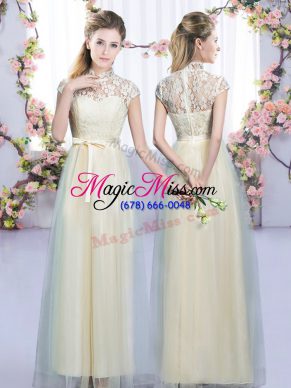 Luxury Cap Sleeves Tulle Floor Length Zipper Vestidos de Damas in Champagne with Lace and Bowknot