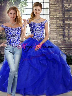 Royal Blue Sleeveless Tulle Brush Train Lace Up Quinceanera Dress for Military Ball and Sweet 16 and Quinceanera