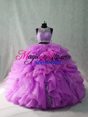 Smart Lilac Scoop Neckline Beading and Ruffles Quinceanera Dresses Sleeveless Zipper