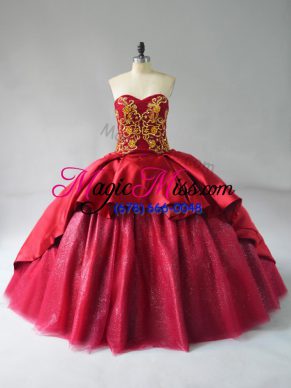 Delicate Wine Red Ball Gowns Sweetheart Sleeveless Satin and Tulle Court Train Lace Up Beading and Embroidery Quinceanera Dress