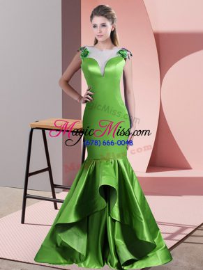 Pretty Scoop Sleeveless Evening Dress Sweep Train Beading and Lace and Appliques Green Satin