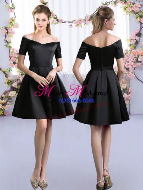 Black Short Sleeves Satin Zipper Bridesmaids Dress for Prom and Party and Wedding Party