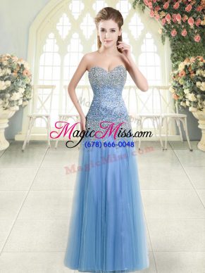 Chic Floor Length Zipper Homecoming Dress Blue for Prom and Party with Beading