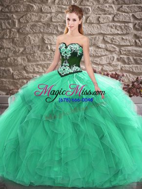 Turquoise Sleeveless Tulle Lace Up Quince Ball Gowns for Sweet 16 and Quinceanera