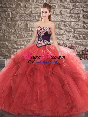 Delicate Sweetheart Sleeveless Vestidos de Quinceanera Floor Length Beading and Embroidery Red Tulle