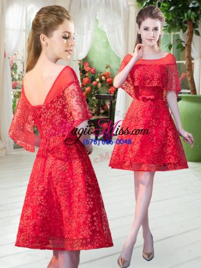 Graceful Red Short Sleeves Beading Mini Length Prom Party Dress