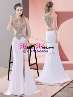 Scoop Sleeveless Chiffon Evening Dress Beading and Lace Sweep Train Lace Up