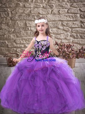 Tulle Sleeveless Floor Length Little Girls Pageant Dress Wholesale and Embroidery and Ruffles