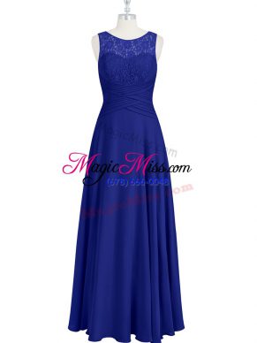 Royal Blue Chiffon Zipper Scoop Sleeveless Floor Length Prom Dress Lace and Pleated
