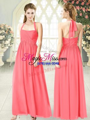 Elegant Floor Length Watermelon Red Dress for Prom Chiffon Sleeveless Ruching