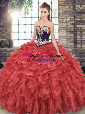 Graceful Lace Up Vestidos de Quinceanera Red for Military Ball and Sweet 16 and Quinceanera with Embroidery and Ruffles Sweep Train