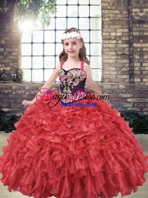 Dramatic Red Ball Gowns Organza Straps Sleeveless Embroidery and Ruffles Floor Length Lace Up Kids Pageant Dress