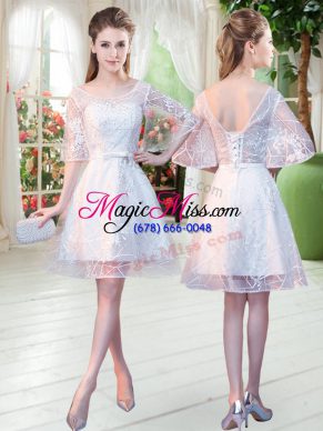 Hot Sale Scoop Half Sleeves Prom Party Dress Knee Length Beading White Lace