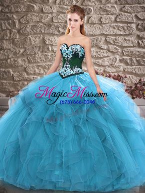 Blue Ball Gowns Beading and Embroidery Sweet 16 Dress Lace Up Tulle Sleeveless Floor Length