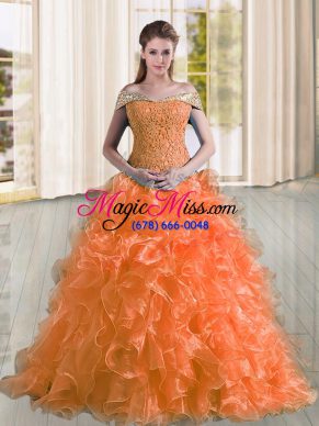 Orange A-line Off The Shoulder Sleeveless Organza Sweep Train Lace Up Beading and Lace and Ruffles Quinceanera Gowns