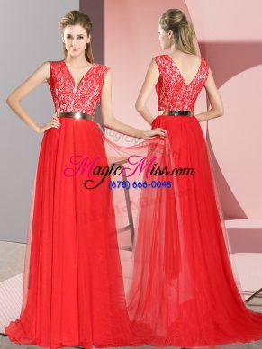 Red Homecoming Dress Tulle Sweep Train Sleeveless Beading and Lace
