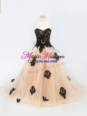 High End Peach Lace Up Spaghetti Straps Appliques Little Girl Pageant Gowns Tulle Sleeveless Brush Train