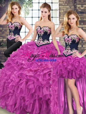 Sweet Fuchsia Sleeveless Organza Sweep Train Lace Up Sweet 16 Quinceanera Dress for Military Ball and Sweet 16 and Quinceanera