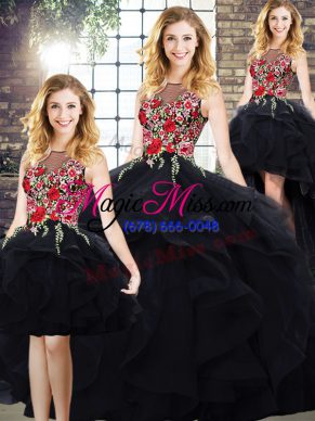 Gorgeous Tulle Bateau Sleeveless Lace Up Beading and Embroidery Quince Ball Gowns in Black