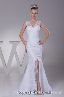 Mermaid V-neck High Slit Brush Train Wedding Dress