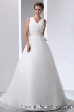 Simple A-line V-neck Court Train Satin and Organza Beading and Ruch Wedding Dress