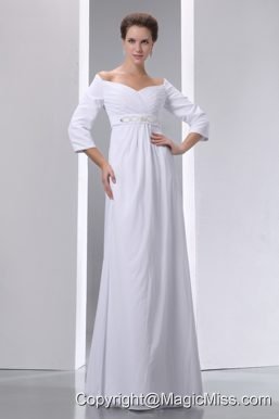 Popular Empire Off The Shoulder Floor-length Chiffon Beading and Ruch Wedding Dress