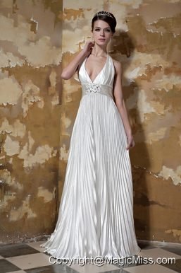 Modest Column Halter Court Train Elastic Woven Satin Beading Wedding Dress