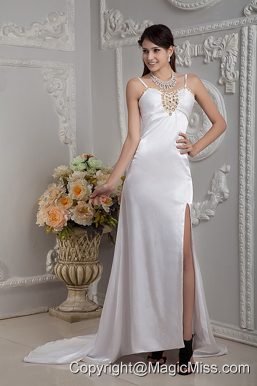 Popular Column Straps Brush Train Elastic Woven Satin Beading and Ruch Wedding Dress