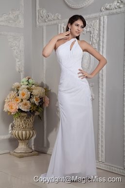 Simple Column One Shoulder Brush Train Chiffon Ruch Wedding Dress