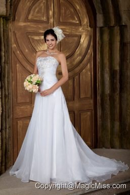 Customize A-line Strapless Court Train Organza Embroidery Wedding Dress