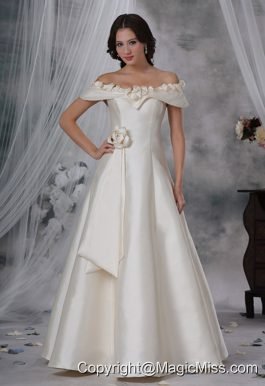 Waukee Iowa Beaded Decorate Off The Shoulder Hand Made Flower A-line Floor-length Wedding Dress For 2013