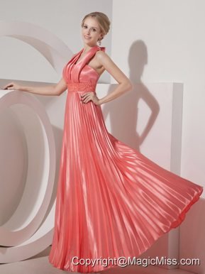 Watermelon Red Column Halter Floor-length Elastic Woven Satin Beading Prom Dress