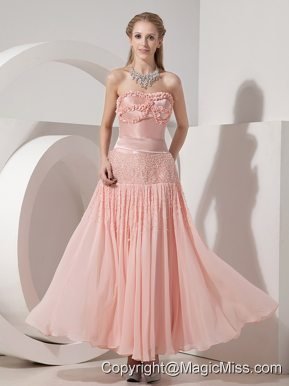 Pink Column Strapless Ankle-length Chiffon and Taffeta Beading Prom Dress